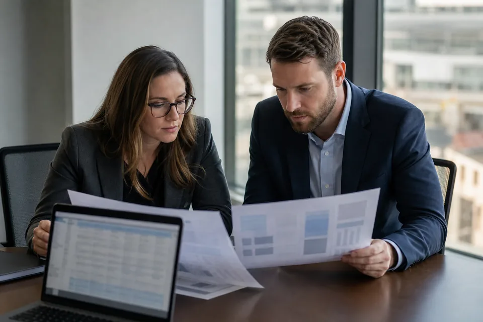 Two data and finance professionals comparing two printed vendor proposals at a conference table